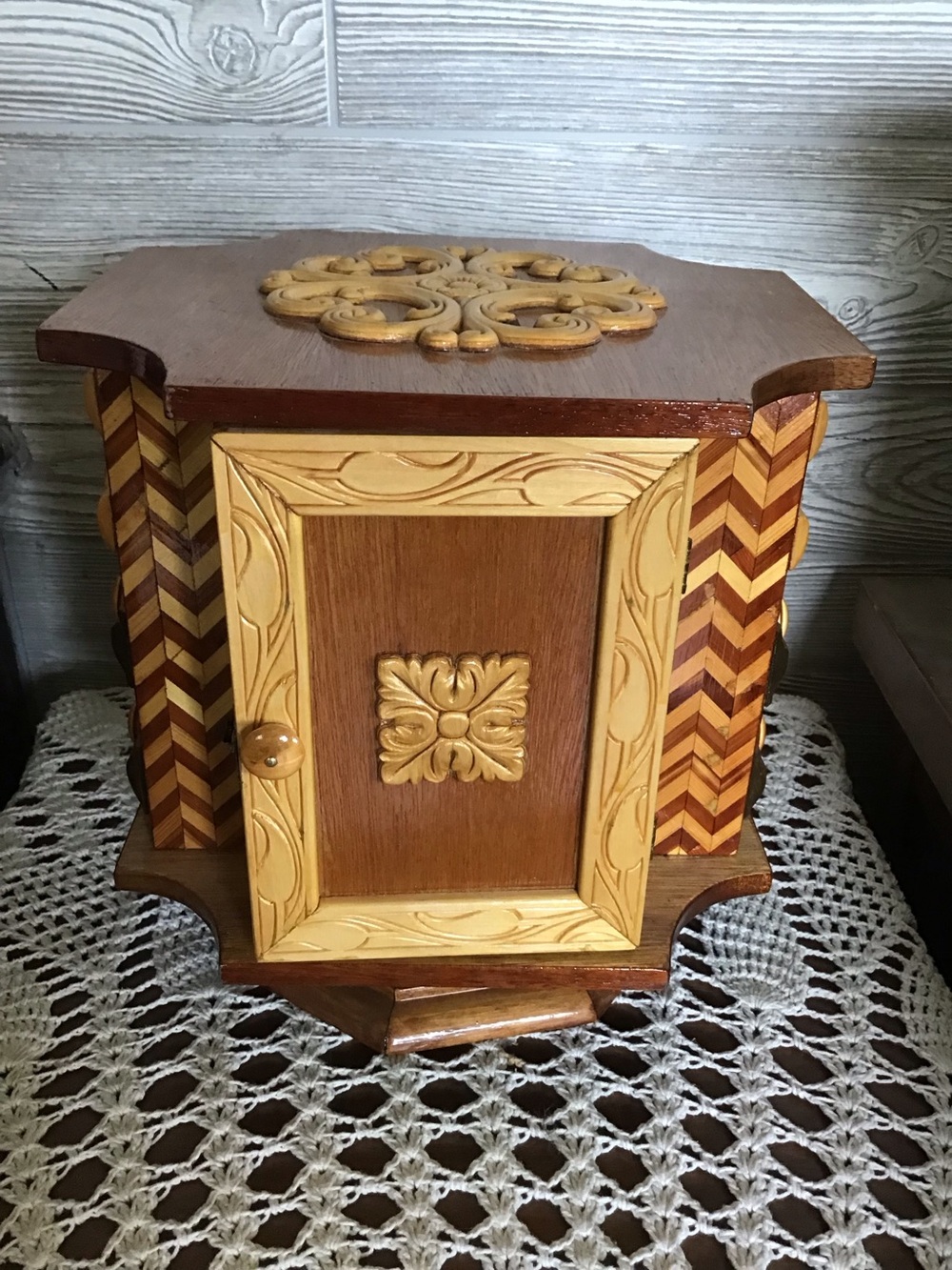 Decorative Wooden Jewelry Box with Carved Floral Accent - Brown & Light Wood